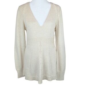 Calvin Klein Baby Doll Sweater Women's Large Cream‎ V-neck Long 100% Cotton